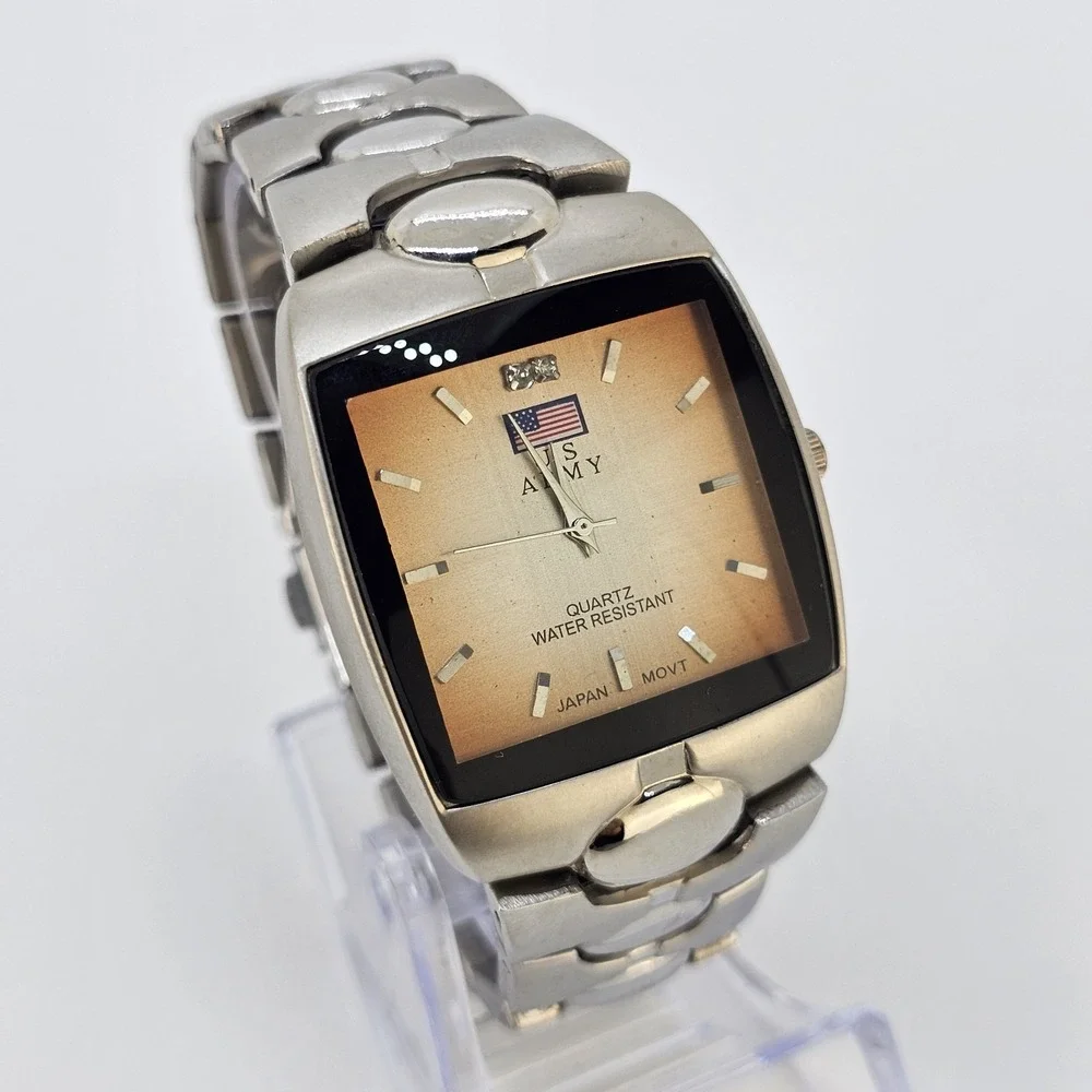 US Army Men's Analog Watch 35MM Gold Dial Gray Bracelet Band 6